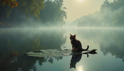 Cat sitting on a large leaf in misty lake at sunrise