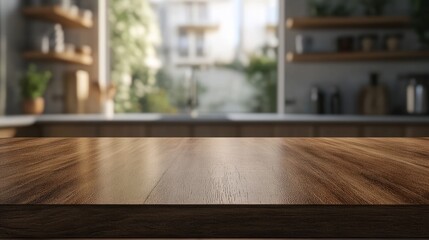 Wood table top on blur kitchen counter (room)background.