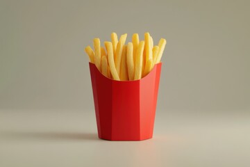 Container of golden French fries on a plain background with a modern design