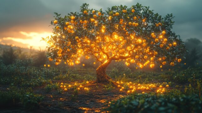 A glowing, orange tree with fruit that illuminates the surrounding grove at sunset.