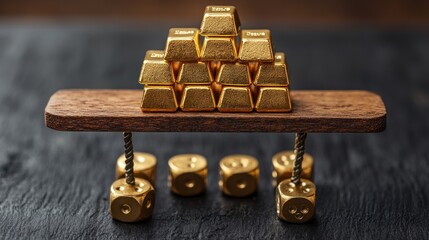 Gold bars stacked on a wooden platform supported by golden dice on a black wooden surface.