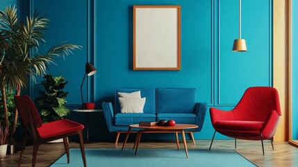 Bright blue and red furniture arranged near a teal wall with a minimalist poster frame, creating a bold Scandinavian-style living room.