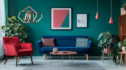 Vibrant Scandinavian living room with a blue sofa, red chair, and teal wall, centered around a sleek poster frame, creating a bold yet minimalist design.