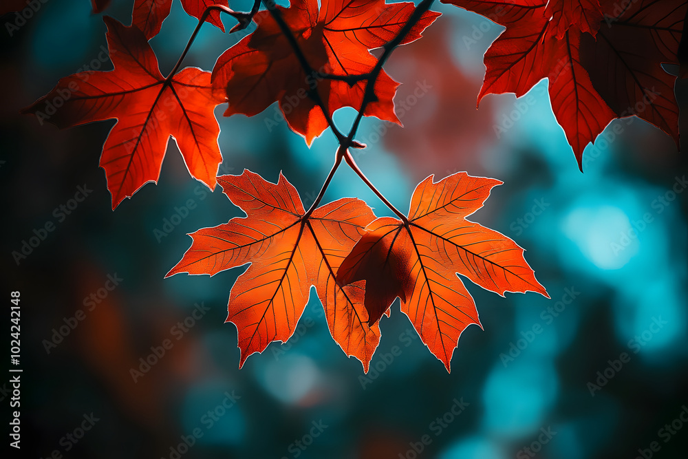 Poster Red maple leaves on the branches