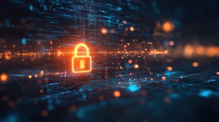 Digital lock symbol on a futuristic data background, representing cybersecurity and protection.