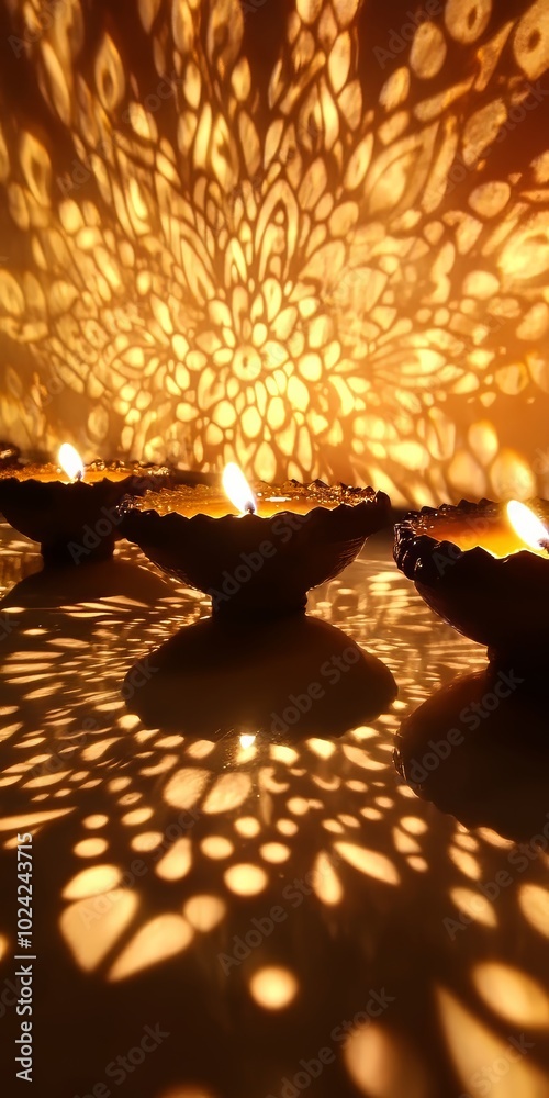 Poster Diwali diyas silhouetted against a bright glow