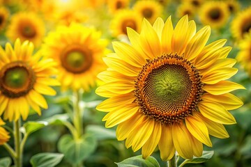 Obraz premium Vibrant sunflowers blooming with green leaves in macro view