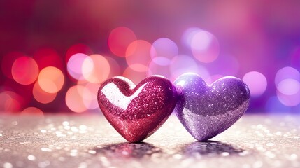 Obraz premium Valentines day festive background with two hearts In Shiny multicolor Background Valentine's Day glitter background