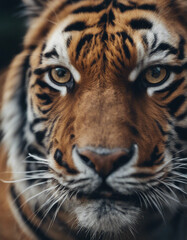 Naklejka premium A close-up view of a tiger's face is captured under dramatic lighting, highlighting its fierce features.