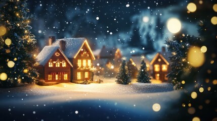 Fototapeta premium Christmas and new year postcard with illuminated village, cozy houses, decorated christmas trees, festive, magic new year background, winter bokeh, template for design, greeting postcard, copy space.