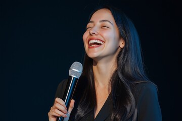 Obraz premium business woman standing and laughing for speech while holding mirophone by generative aic