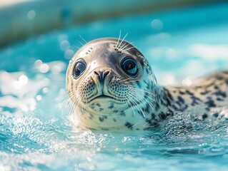 Fototapeta premium A close-up of a baby seal recovering in a rehabilitation pool, being monitored by wildlife rescuers.