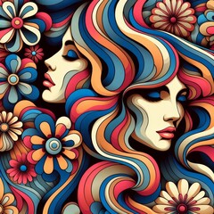 Abstract woman retro cool digital artwork. Contemporary pop art design, 70s style vivid flower...