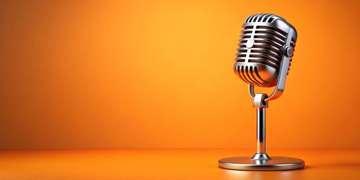 Vintage chrome microphone on stand against solid orange background