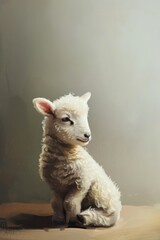 Fototapeta premium A cute baby lamb with fluffy white wool sits on a wooden surface, captured in soft lighting against a neutral background.