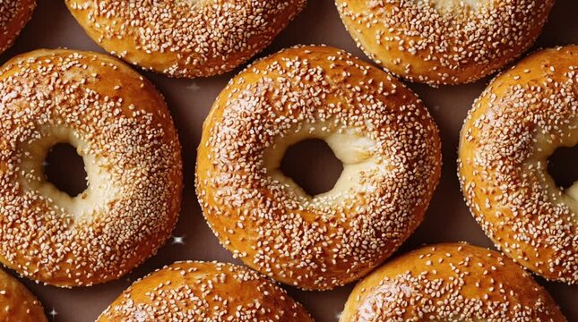 close-up of the texture of the toasted sesame seed bagel background.  