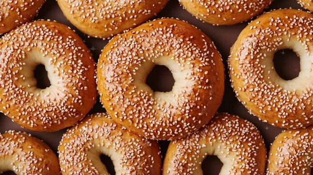 close-up of the texture of the toasted sesame seed bagel background.  