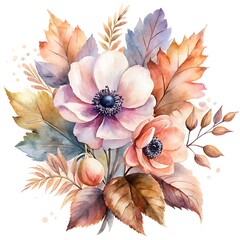 Elegant watercolor floral arrangement with autumn leaves