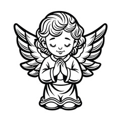 angel with wings , A cute little angel with wings, praying hands vector illustration, color drawing with a simple black and white line art icon
