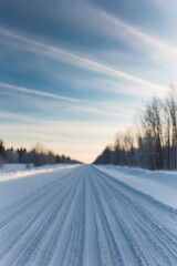 Fototapeta premium Snowy road with tire tracks during bright winter day in a serene.