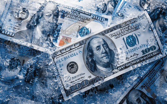 frozen banknotes, symbolic of frozen accounts, AI generated