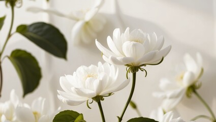 Fototapeta premium White Flowers in Bloom with Green Leaves.
