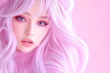 Fototapeta premium A girl with long pink hair and pink eyes. She is wearing a pink sweater and pink lipstick