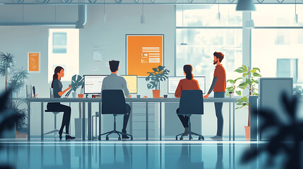 Fototapeta premium A group of people are sitting at a desk with a poster on the wall that says 