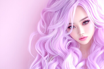 Fototapeta premium A woman with long purple hair and pink eyes. She is wearing pink lipstick. The image is of a cartoon character