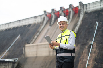Smiling young Asian civil engineer standing with his arms crossed wearing a helmet and using a...