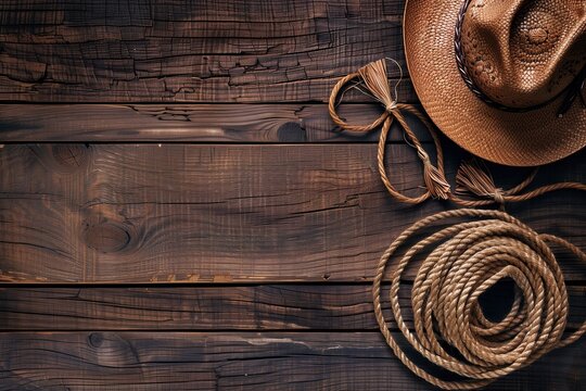 A rustic wooden background with a cowboy hat, a rope, and a loose knot of rope with frayed ends,