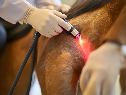 A close-up of a horse receiving laser therapy to treat a leg injury, with a therapist gently applying the treatment.