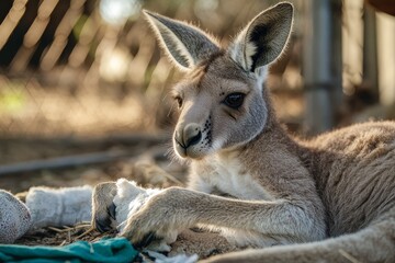 Fototapeta premium A close-up of a kangaroo receiving care in a wildlife rehabilitation center, with its injured paw bandaged.