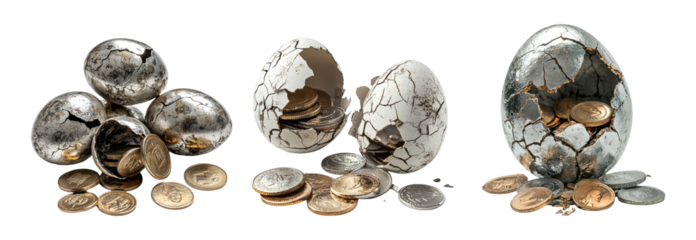 Cracked Eggs with Coins on Transparent Background