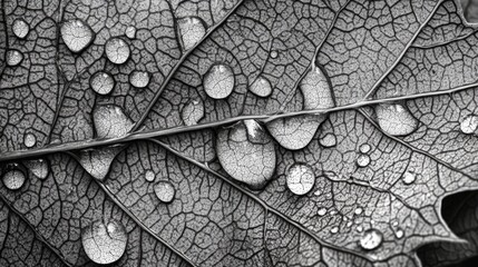 A close-up of a leaf with rain droplets glistening, each droplet magnifying the veins of the leaf.