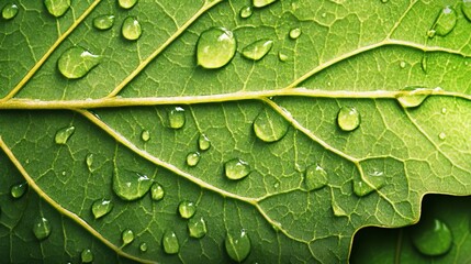 Fototapeta premium A close-up of a leaf with rain droplets glistening, each droplet magnifying the veins of the leaf.