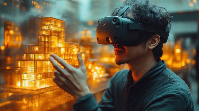 A man wearing a VR headset interacts with a digital model of a city, exploring the possibilities of virtual reality.