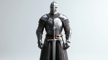 Fototapeta premium A knight in full armor stands with his sword drawn.
