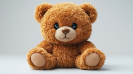 Obraz premium A brown teddy bear with blue eyes sits on a white background.