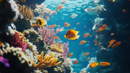 Naklejka premium A vibrant coral reef teeming with colorful fish in a tropical ocean.