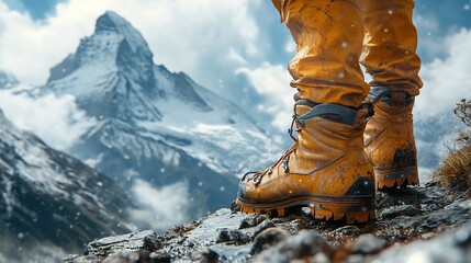 Closeup of hiking boots on a mountain path with a snowy peak in the background.
