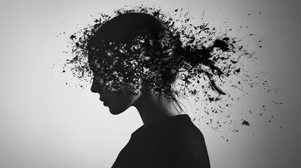 Woman with her head dissolving into chaotic splatters, symbolizing the mental fragmentation and turmoil associated with neurological conditions like epilepsy.