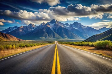 Vivid road illustration with mountains background and leading lines