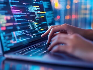 A close-up of a person working on a laptop, coding a data pipeline for real-time processing, with multiple tabs of code and data analysis open.
