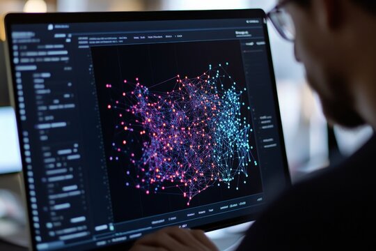 A close-up of a person using Python and Jupyter Notebook to run a machine learning model on a dataset, with real-time analytics on the screen.