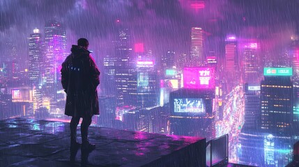 Fototapeta premium A lone figure stands on a rooftop, looking out over a futuristic city bathed in neon light and rain.