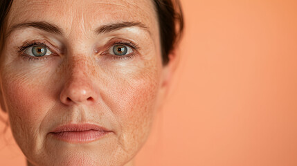 Fototapeta premium Close-up of a middle-aged woman with rosacea, showcasing her natural beauty and unique skin texture against a soft peach background