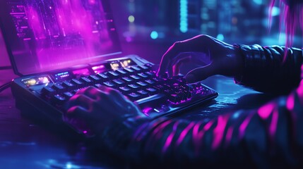 A person's hands typing on a keyboard in a cyberpunk setting.