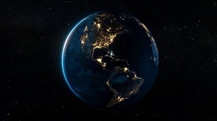Planet earth illuminated at night from space, showcasing north America, south America, Europe, Africa, Asia, and the middle east interconnected through global networks and technological community