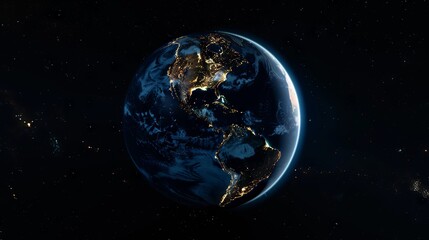Planet earth illuminated at night from space, showcasing north America, south America, Europe, Africa, Asia, and the middle east interconnected through global networks and technological community